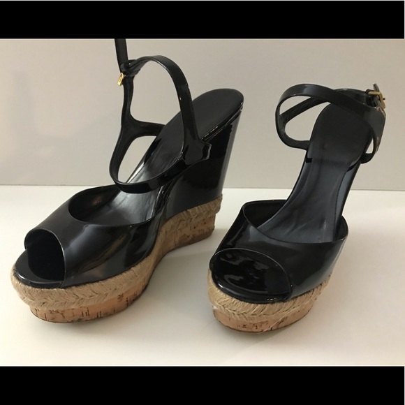 Gucci Black Patent Espadrille Wedge Sandals - Picture 1 of 8